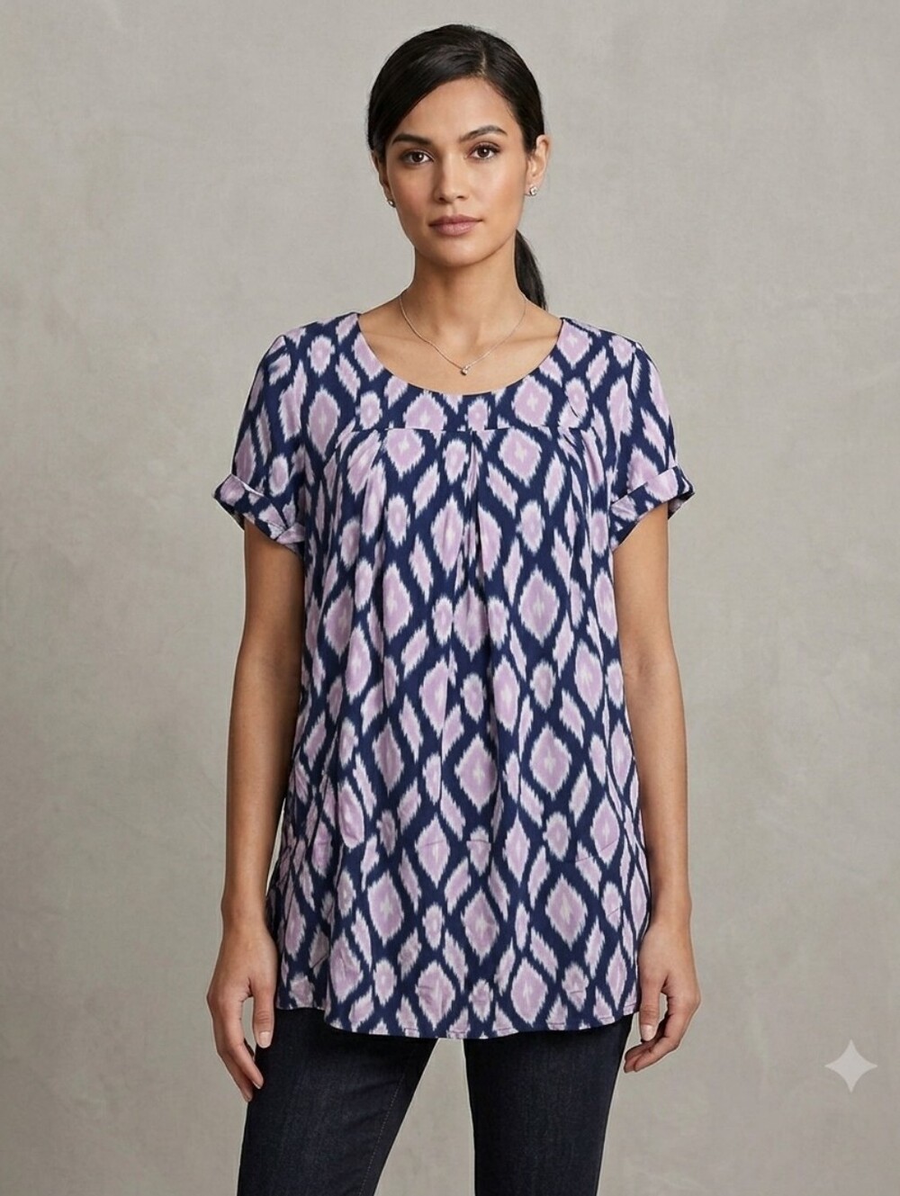 HOLDING HORSES Navy and Pink Geometric Blouse With Front Pockets Size Small